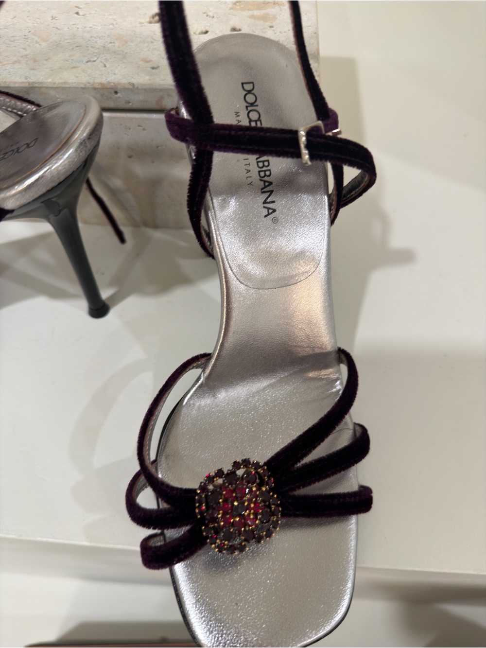 Dolce & Gabbana Purple Velvet Gem-Embellished Strappy Heel with Silver Footbed